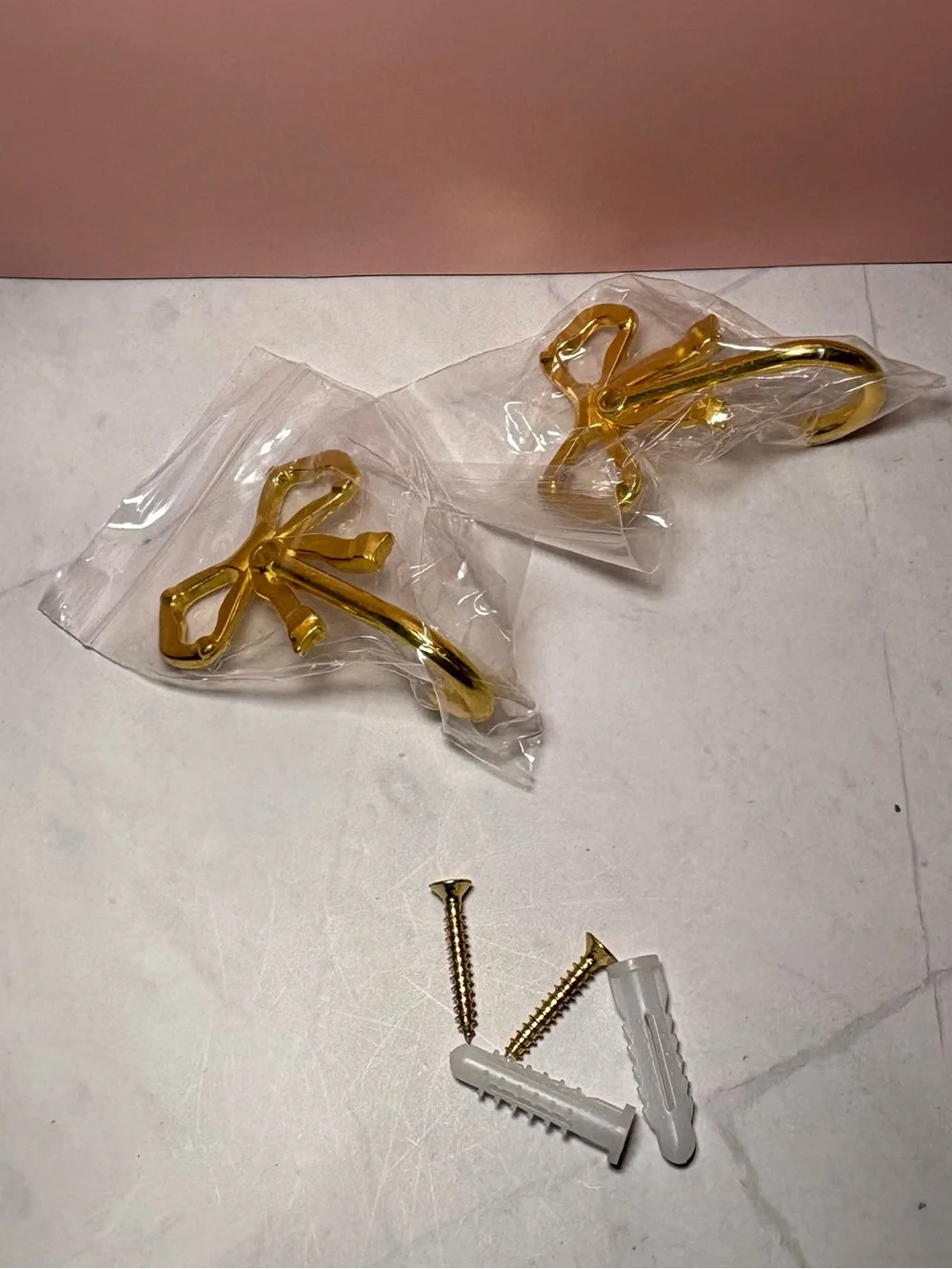 Gold-tone Bow Hooks with Screws and Anchors - Set of 2
